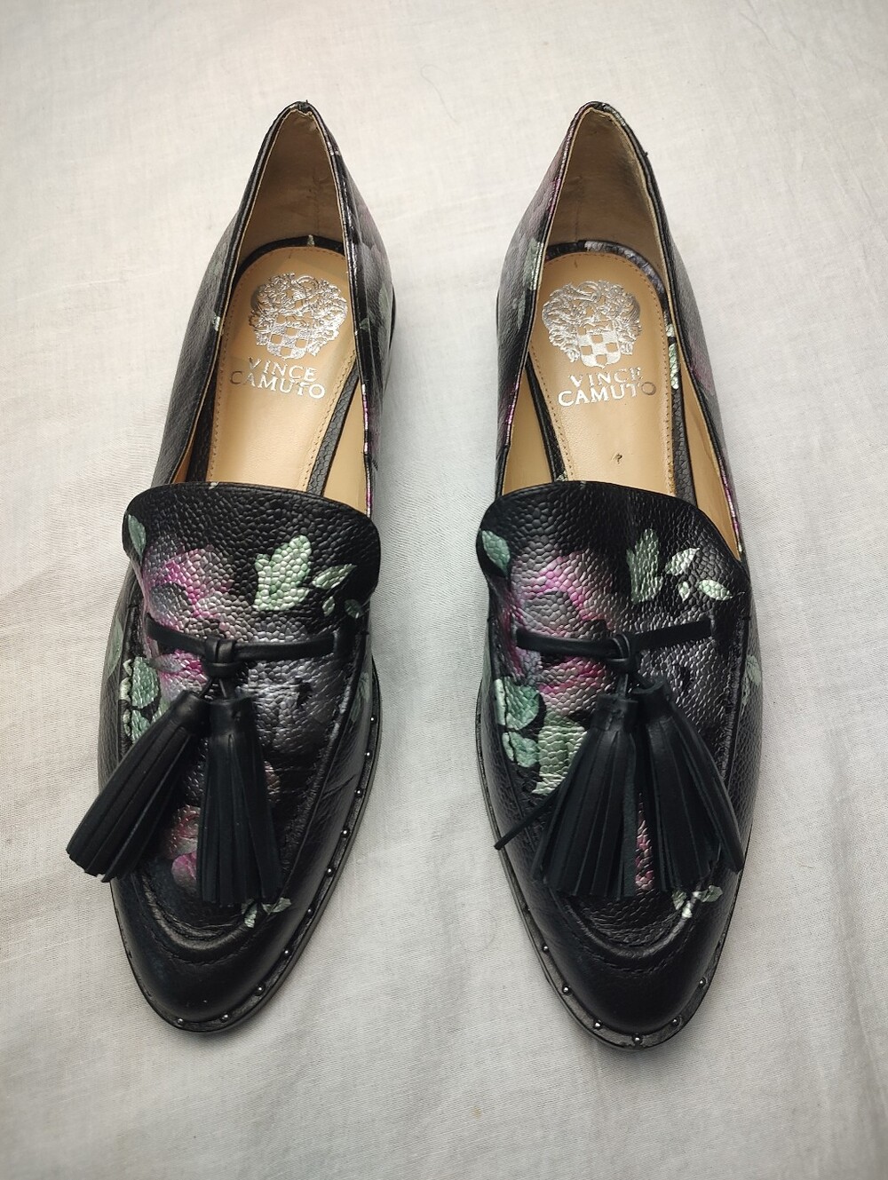 Vince Camuto Black Floral Tassel Loafers Heel Geralin 8.5M